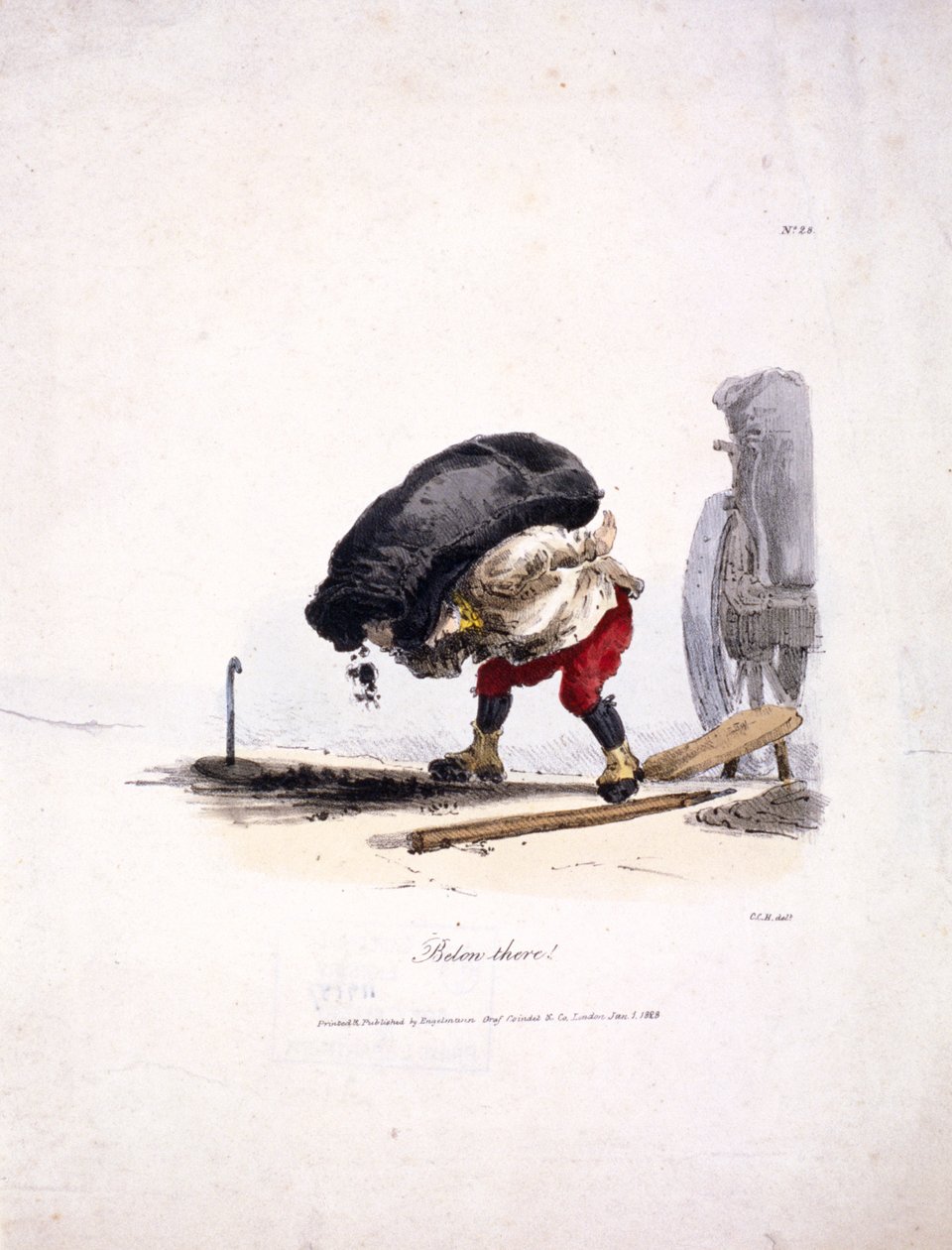 Arabasından ağır bir kömür çuvalı çıkaran bir kömür işçisinin görünümü, 1828 by Graf Engelmann Coindet and Company