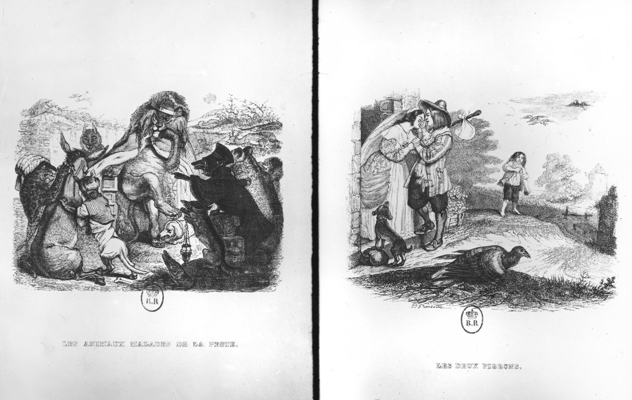 Vebalı Hayvanlar ve İki Güvercin, La Fontaine Masallarından çizimler by Grandville