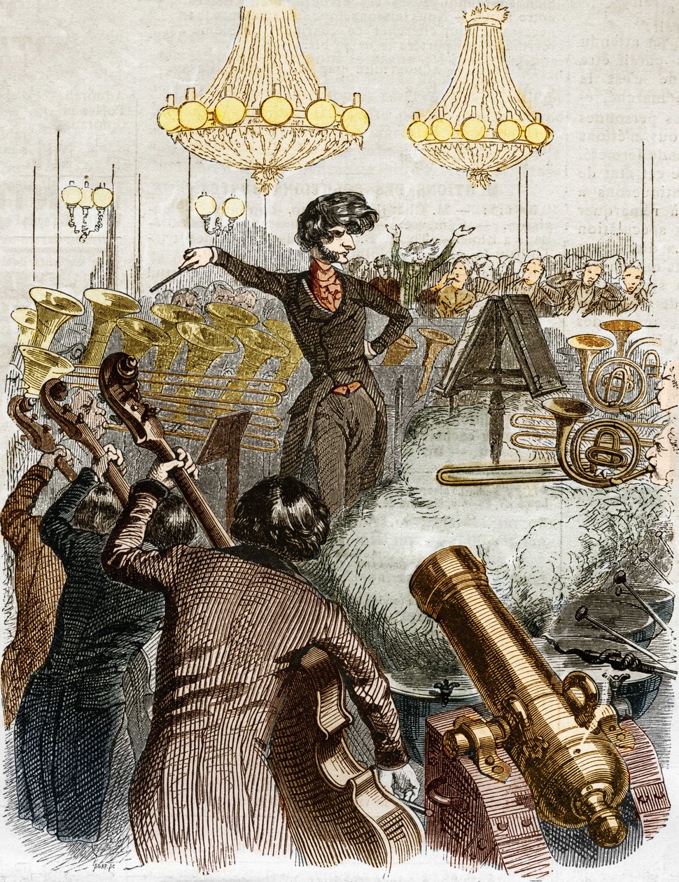 Bir konserde makineli tüfek vardır. Bir orkestrayı yöneten Hector Berlioz'un karikatürü. Grandville tarafından resmedilen “” Jerome Paturot sosyal bir konum arayışında” da. by Grandville