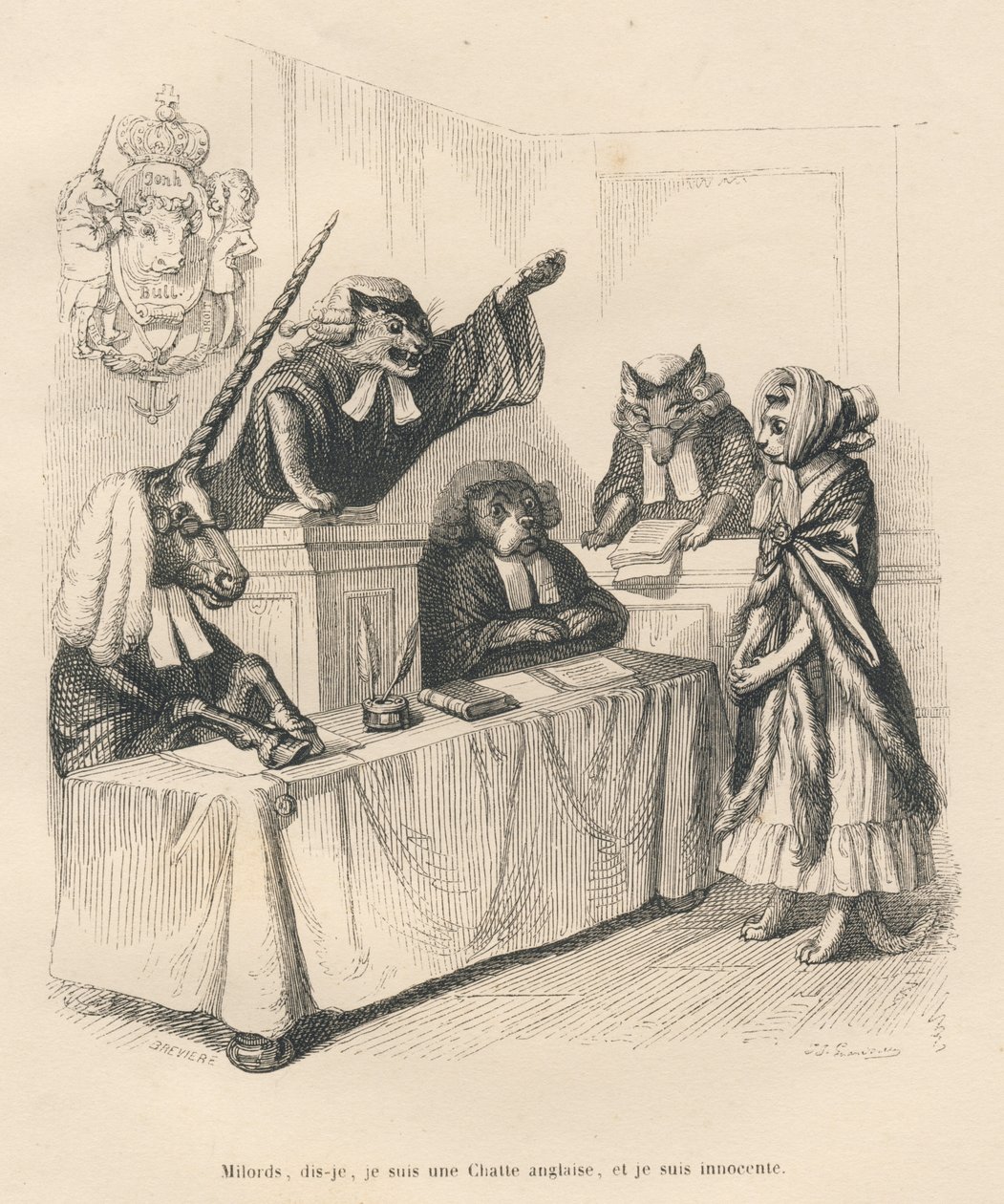 Tek boynuzlu at, kedi, köpek ve kurttan oluşan mahkemede kendini savunan kedi. JJ Granville tarafından gösterilen vinyetler. Honore de Balzac tarafından "Sc. by Grandville