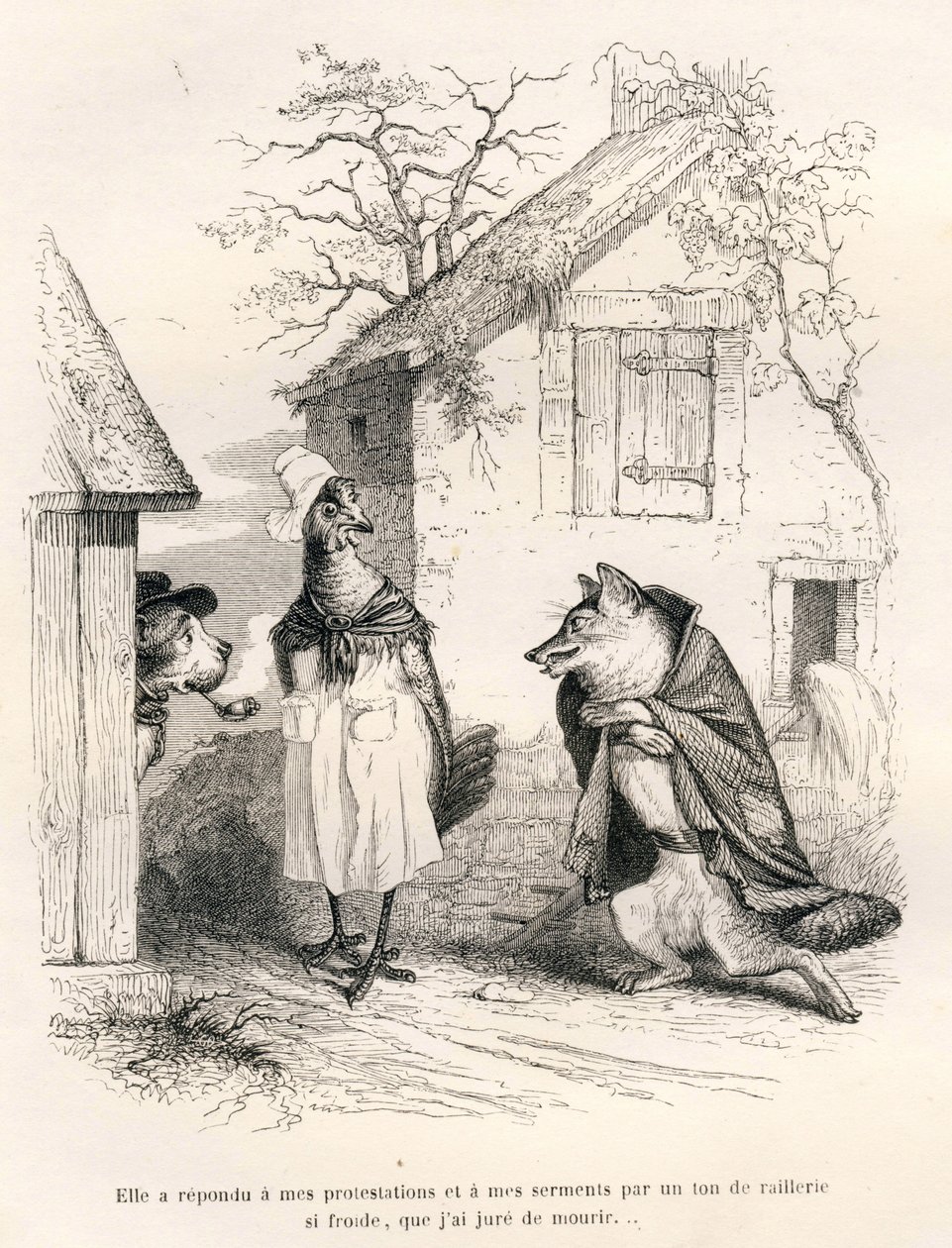 Bir köpek, bir tavuk ve bir tilki arasındaki konuşma. JJ Granville tarafından gösterilen vinyetler. Gravür, Charles Nodier