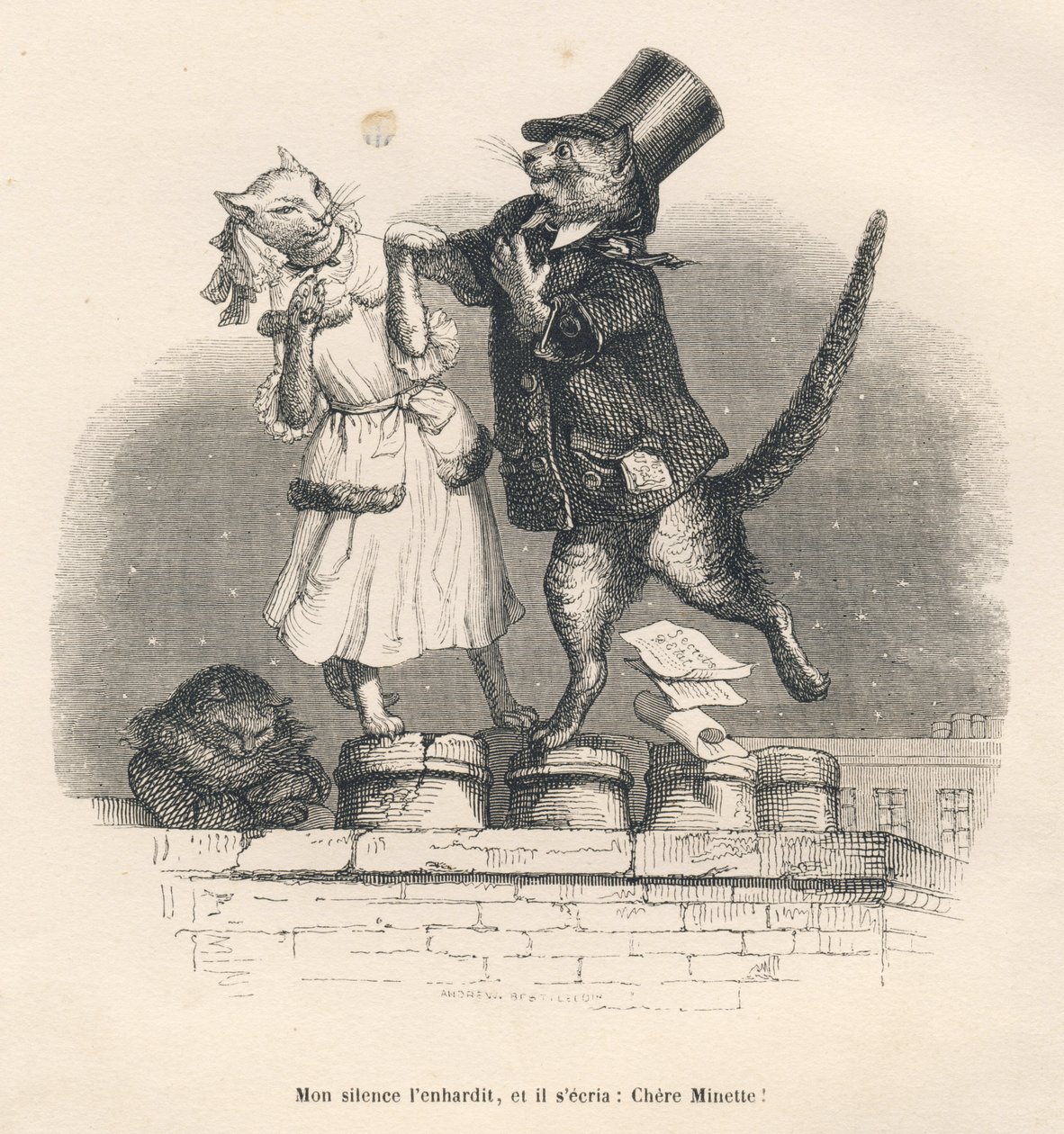 Bir çatıda birbirini baştan çıkaran iki kedi. JJ Granville tarafından gösterilen vinyetler. Gravür, Honore de Balzac