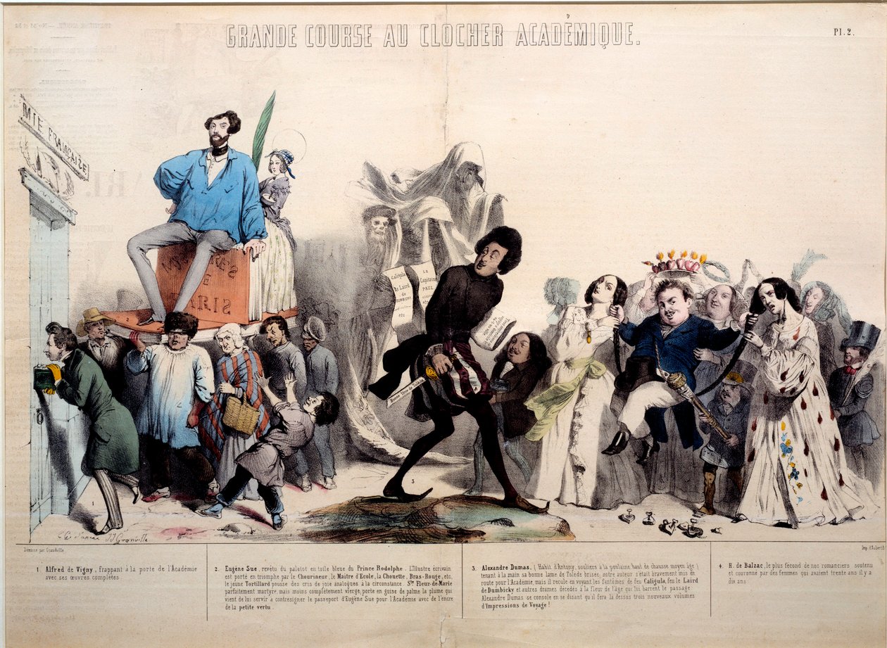 Akademik çan kulesine büyük yarış. Yazarlar Alfred de Vigny (1797-1863), Eugene Sue (1804-1857), Alexandre Dumas (1802-1870) ve Honore de Balzac (1799-1850) tanınır. Gerard Grandville