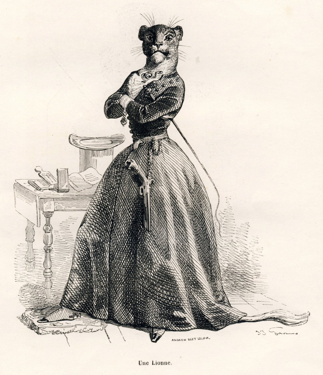 Silahlı ve kırbaçlı dişi aslan. JJ Granville tarafından gösterilen vinyetler. Gravür, Honore de Balzac
