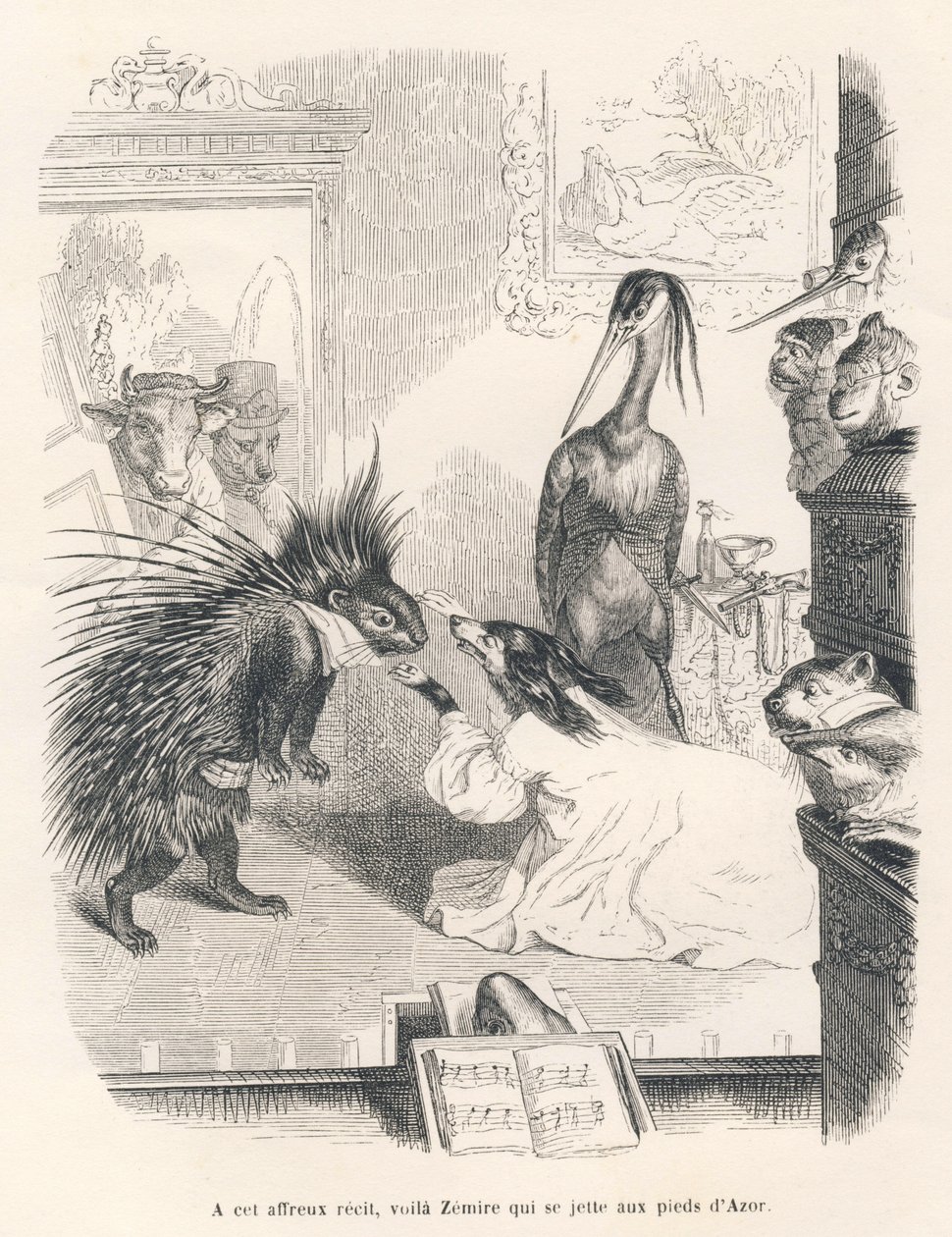 Bir kirpi, bir köpek ve bir balıkçıl ile opera sahnede. JJ Granville tarafından gösterilen vinyetler. "Hayvanların özel ve kamusal yaşamından sahneler"de Jules Janin tarafından yazılan "İlk tabanca serisi" başlıklı bölümde Godard imzalı by Grandville