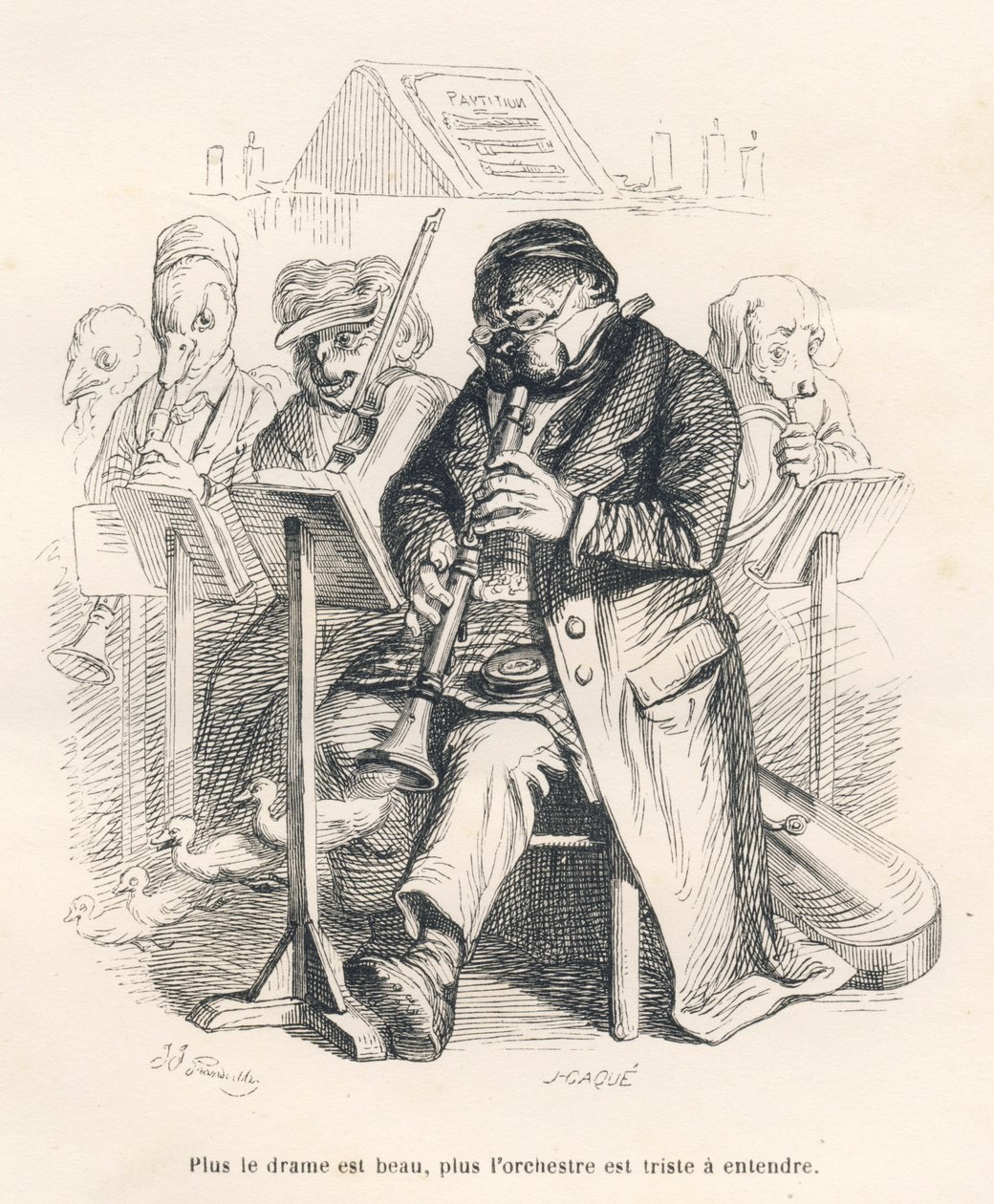 Müzik aletinden çıkan civcivlerle flüt çalan bir köpekle orkestra. JJ Granville tarafından gösterilen küçük resimler. "Scenes de l" de Jules Janin tarafından yazılan "Pistolet