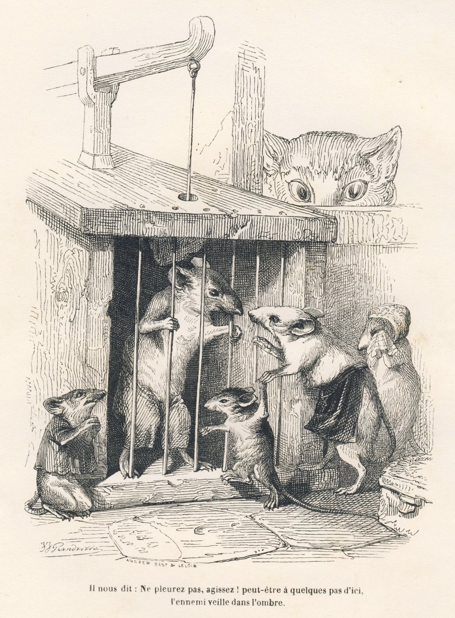 Tuzak: Esir alınan kişi için ağlamaya gelen fareleri izleyen kedi. JJ Granville tarafından gösterilen vinyetler. Gravür, Edouard Lemoine tarafından "Scenes de la vie privee"de yazılan "Filozof sıçan" başlıklı bölümde Andrew, Best ve Leloir imzalı by Grandville