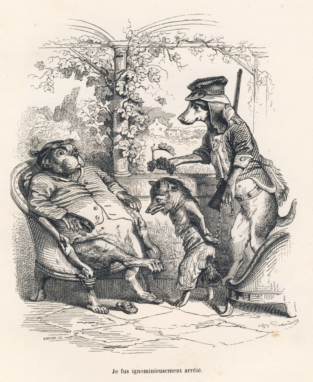 Fox bir köpek tarafından durduruldu. JJ Granville tarafından gösterilen vinyetler. Charles Nodier