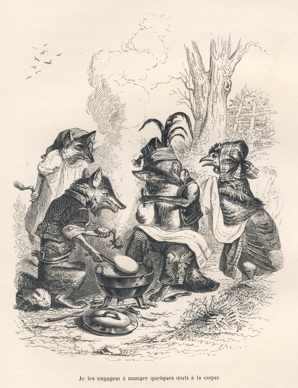 Ağlayan bir tavuğun önünde horoz yumurtası yiyen tilkiler. JJ Granville tarafından gösterilen vinyetler. Gravür, Charles Nodier