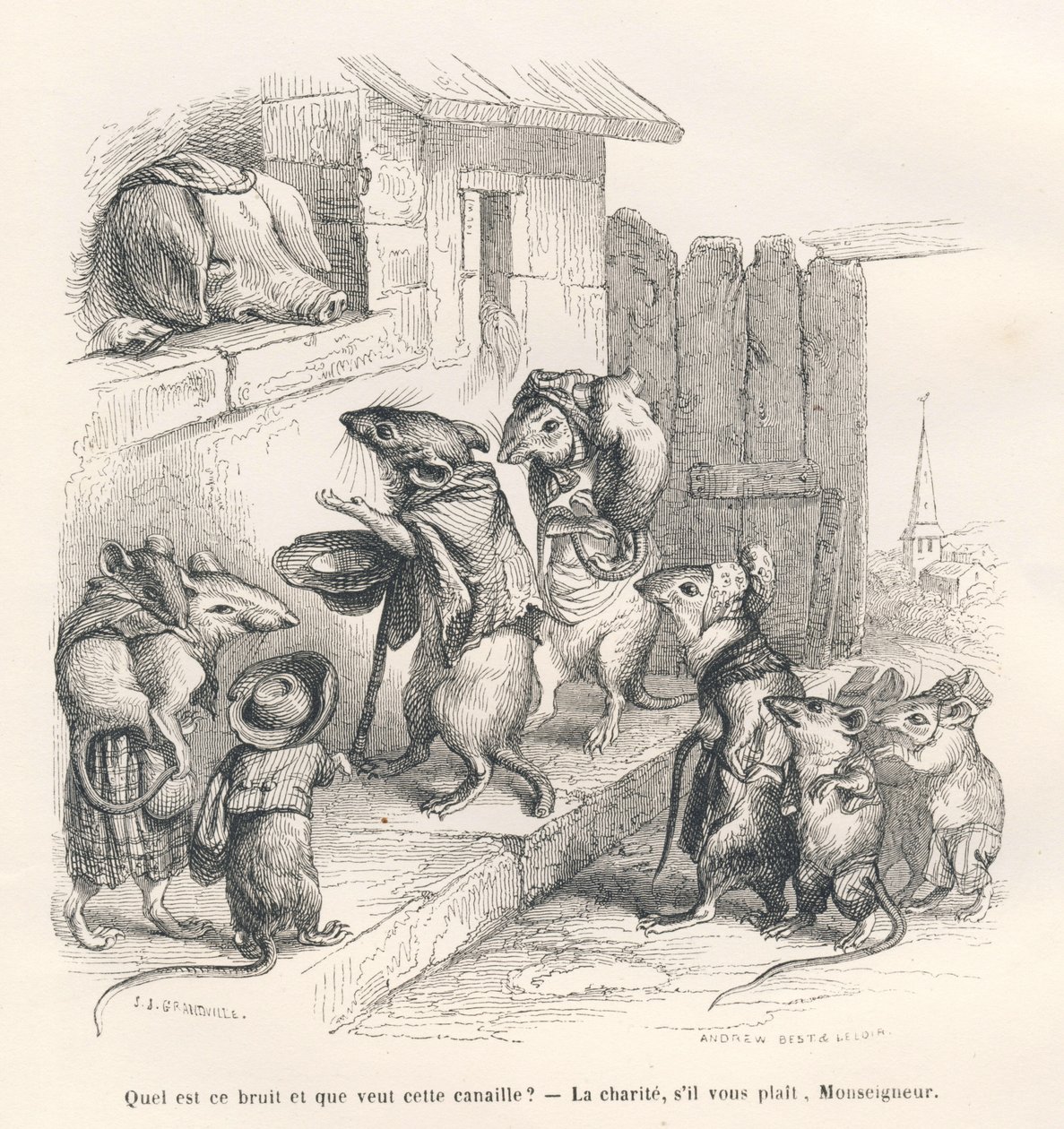Fare bir domuza sadaka yapıyor. JJ Granville tarafından gösterilen vinyetler. Gravür, Edouard Lemoine
