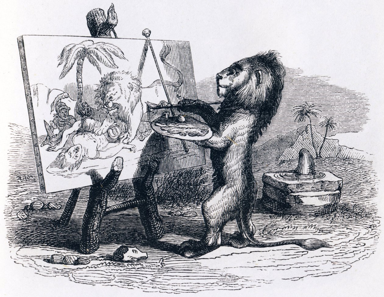 Adam tarafından öldürülen aslan - La Fontaine'in Masalları by Grandville