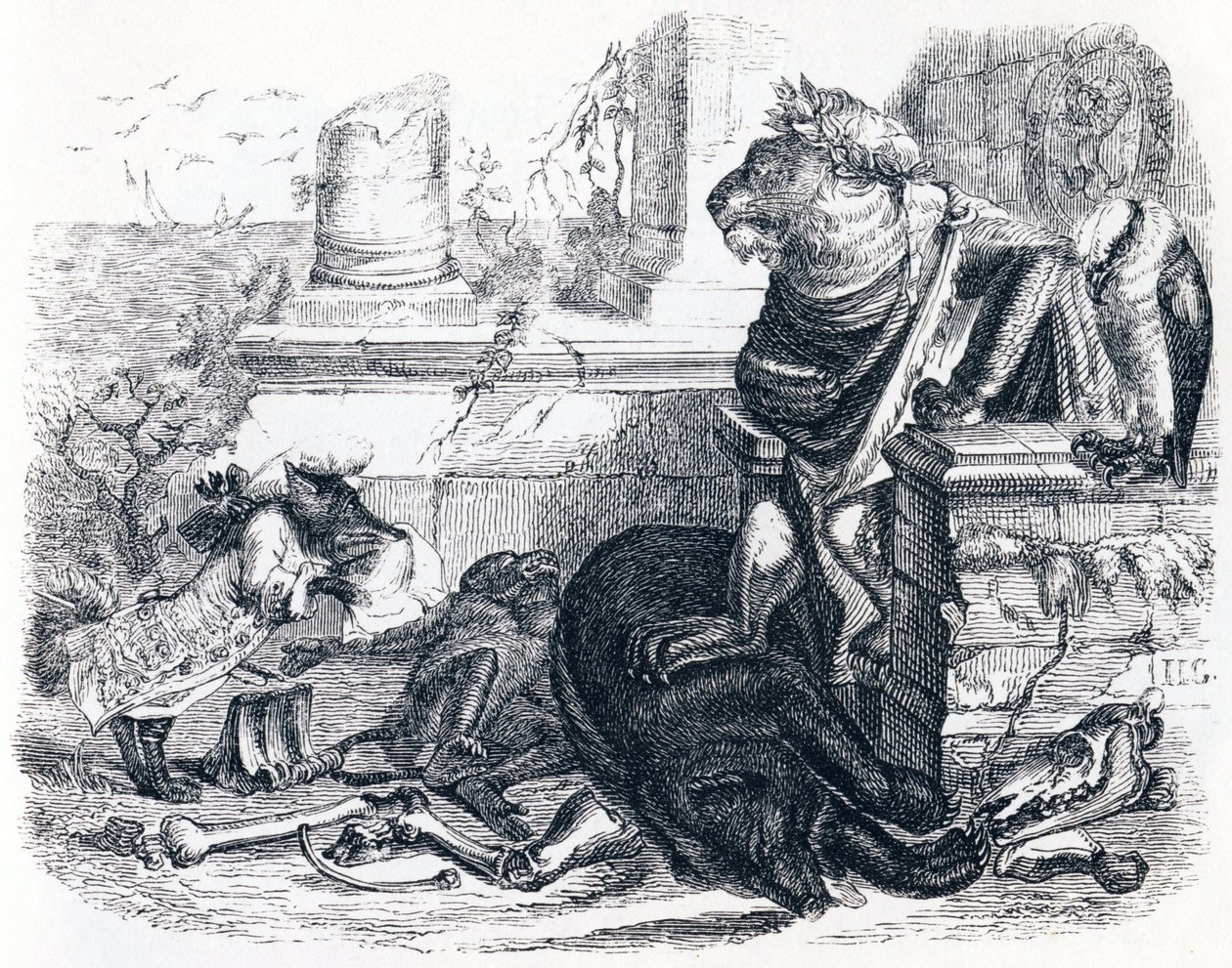 aslanın mahkemesi - La Fontaine'in Masalları by Grandville