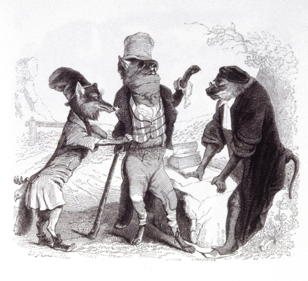 Kurt maymunun önünde tilkiye yalvarıyor by Grandville (1803 47)