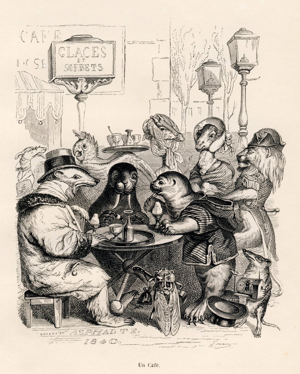 Her türden hayvanın uğrak yeri olan bir kafe. JJ Granville tarafından gösterilen küçük resimler. Honore de Balzac