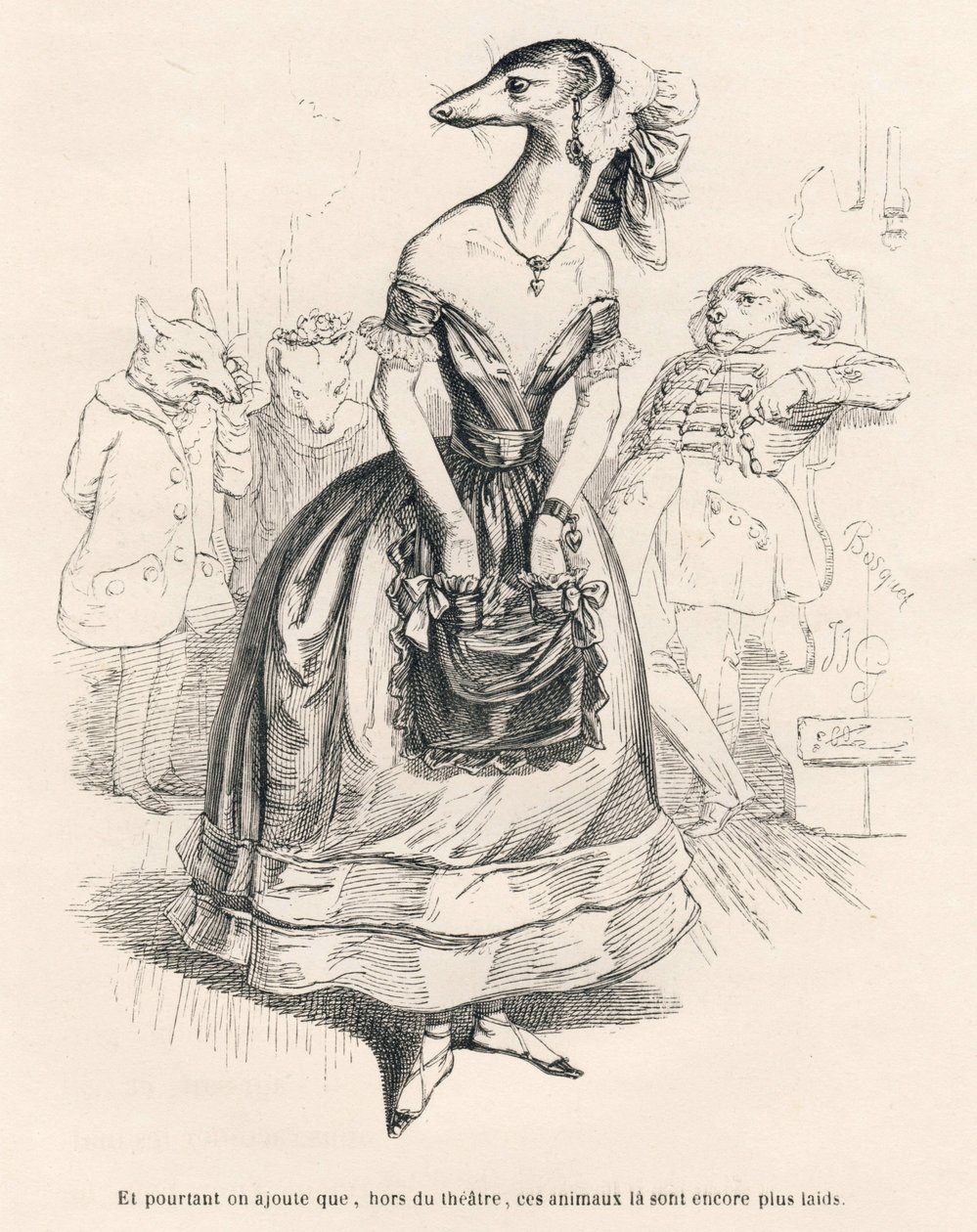 ... tiyatronun dışında, bu hayvanlar daha da çirkin. JJ Granville tarafından gösterilen vinyetler. Jules Janin'in "Hayvanların özel ve kamusal yaşamından sahneler" bölümünde yazdığı "İlk tabanca serisi" başlıklı bölümde Godard imzal by Grandville