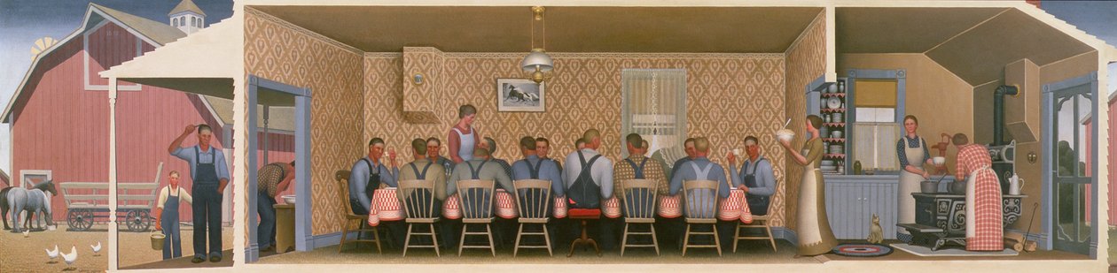 Harmancılar için Akşam Yemeği, 1934 (sunta üzerine yağlı boya) by Grant Wood
