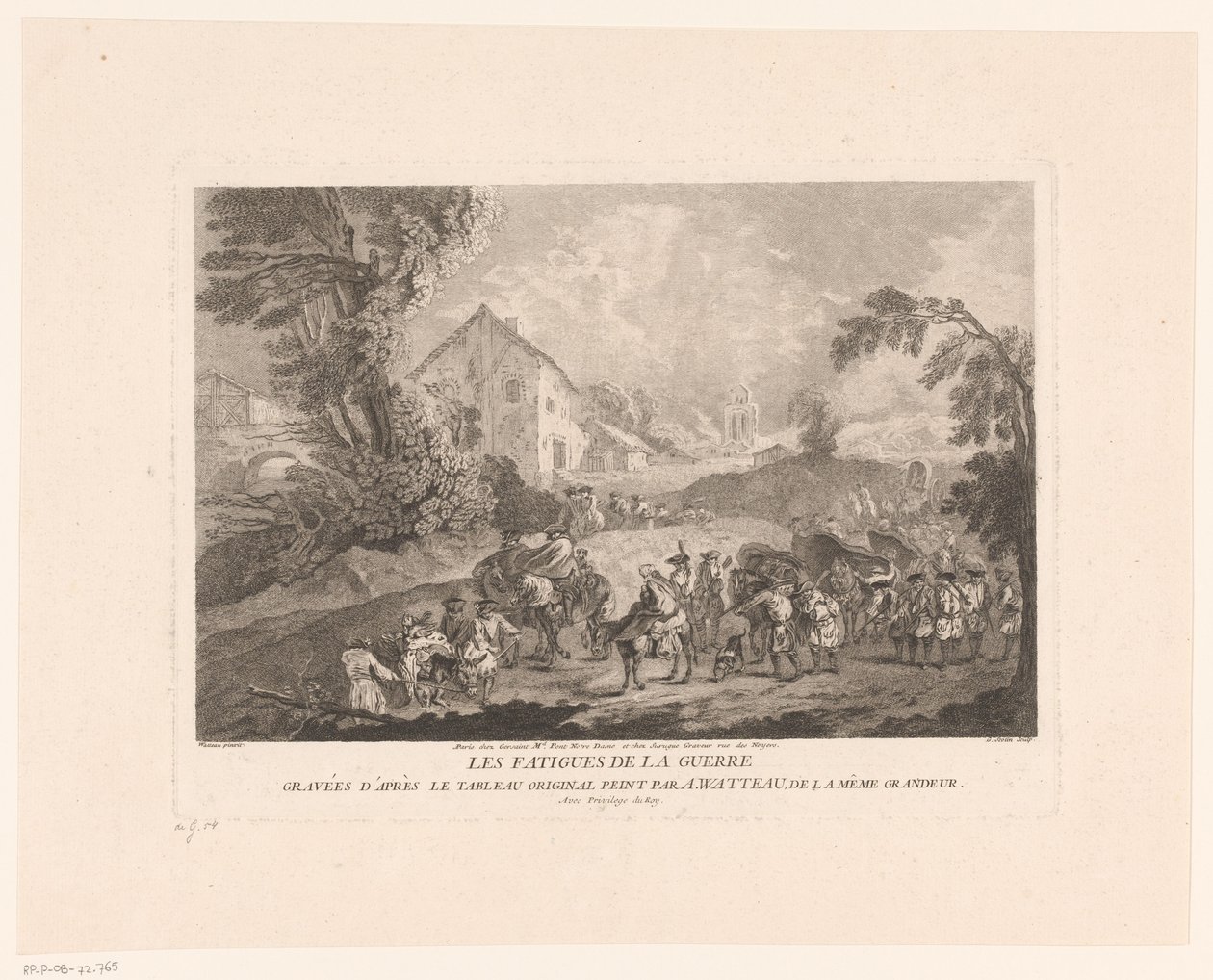 Birlikte yürüyen bir grup askerin olduğu manzara Les Fatigues de la Guerre (nesnedeki başlık) Antoine Watteau