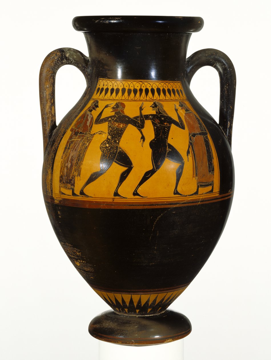 Dansçılı Atina Attika siyah figürlü amfora, yaklaşık MÖ 540-30 (pişmiş toprak) by Greek