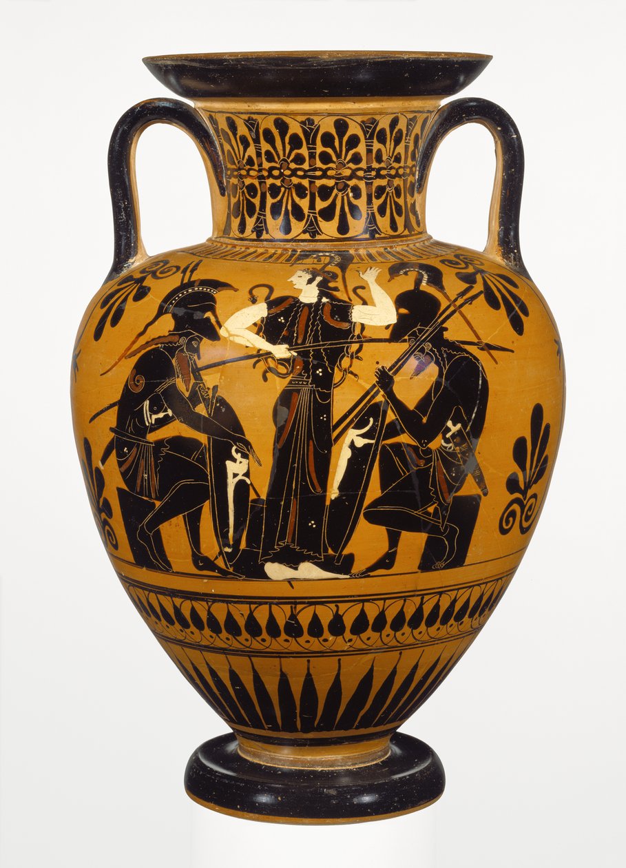 Ajax ve Achilles ile Leagros grubuna atfedilen Atina Attika siyah figür boyunlu amfora, MÖ 510 dolayları (pişmiş toprak) by Greek