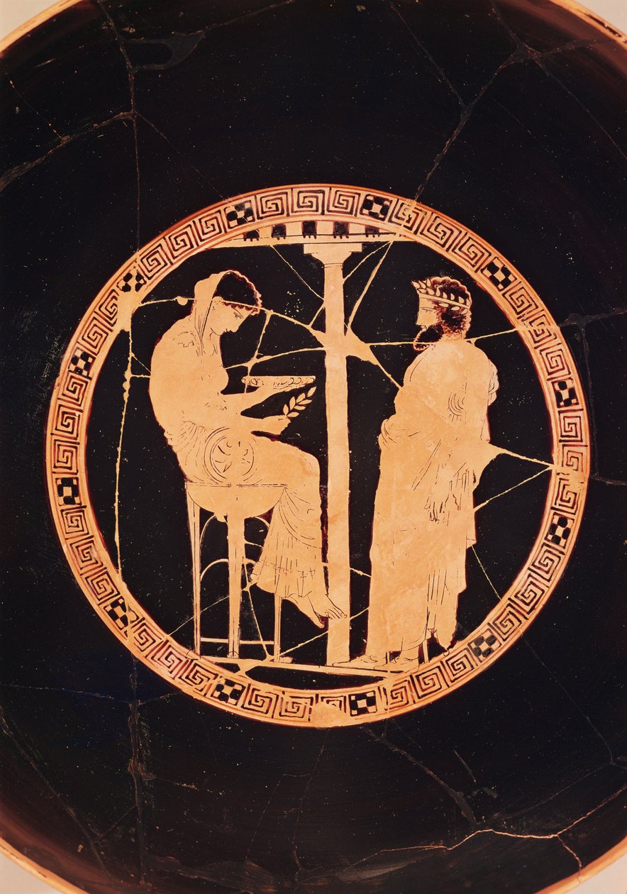Atina Kralı Aegeus'u, Delphic Oracle'a danışırken tasvir eden Atina kırmızı figürlü kyliks (çömlek) by Greek