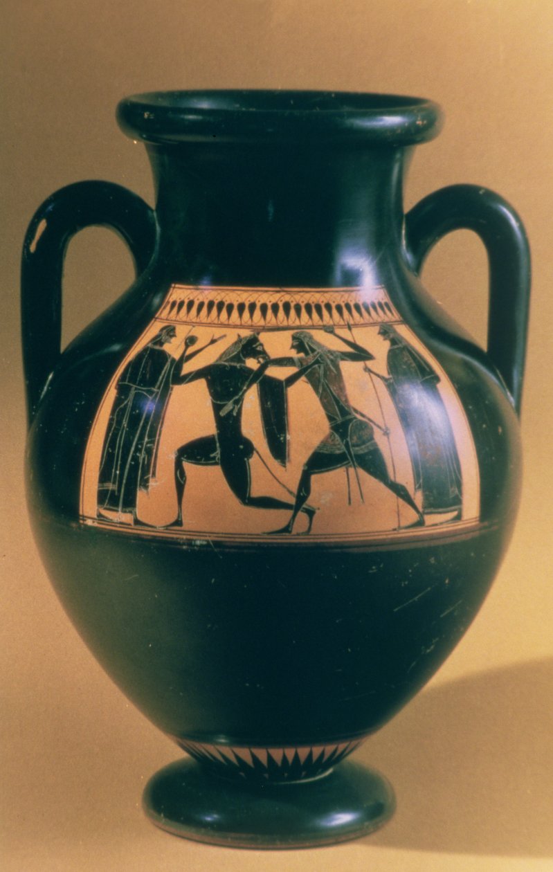 Theseus ve Minotaur'u tasvir eden tavan arası siyah figürlü amfora, MÖ 540-30 dolayları (toprak çanak çömlek) by Greek