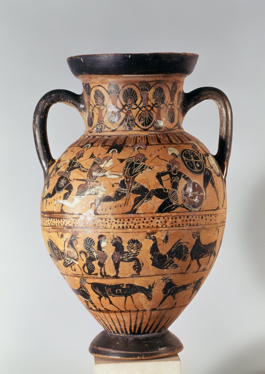 Savaşan savaşçıları ve fantastik hayvanları betimleyen tavan arası siyah figürlü amfora (seramik) by Greek