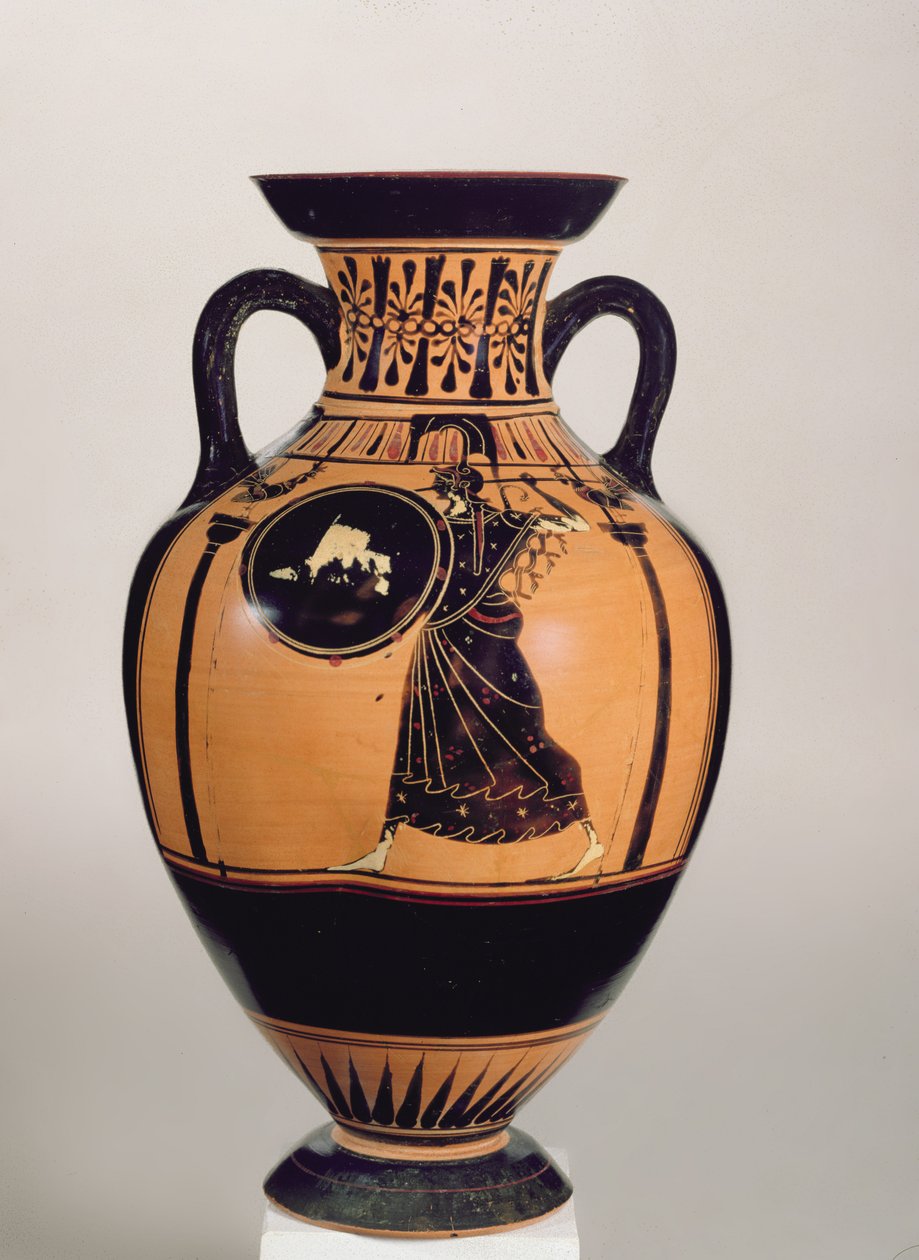 Tavan arası siyah figür Pseudo-Panathenaic Amphora, yaklaşık MÖ 500 (seramik) (detay için bkz. 293754) by Greek