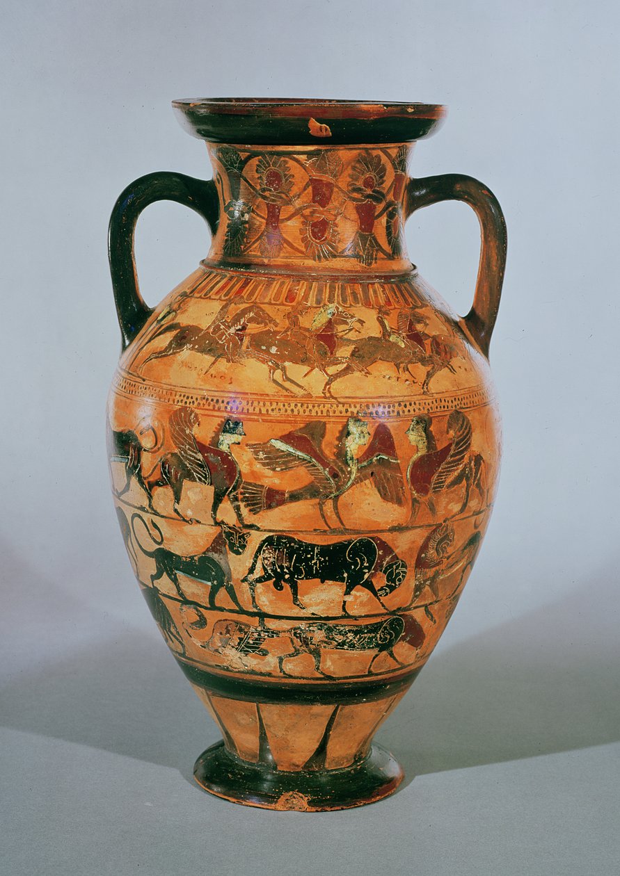 Hayvanlar, at ve biniciler ve fantastik hayvanlarla süslenmiş tavan arası siyah figürlü amfora (seramik) by Greek