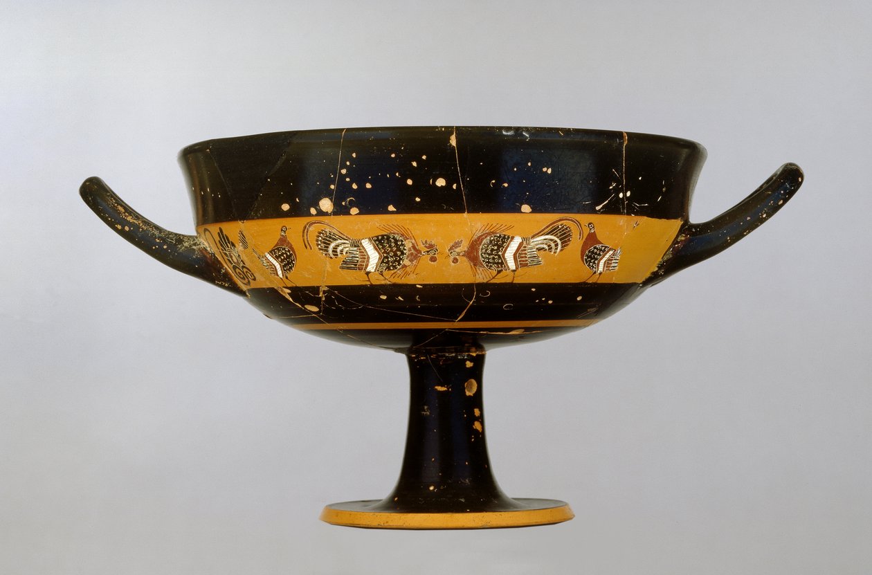 ವಲ್ಸಿ, c.550-525 BC (ಸೆರಾಮಿಕ್) ಟರ್ಕ್‌ನಿಂದ ಟ್ಲೆಸನ್ ಪೇಂಟರ್‌ನಿಂದ ಕಾಕ್ ಫೈಟ್‌ನಿಂದ ಅಲಂಕರಿಸಲ್ಪಟ್ಟ ಬೇಕಾಬಿಟ್ಟಿಯಾಗಿ ಕಪ್ಪು-ಫಿಗರ್ ಬ್ಯಾಂಡ್ ಕಪ್ by Greek