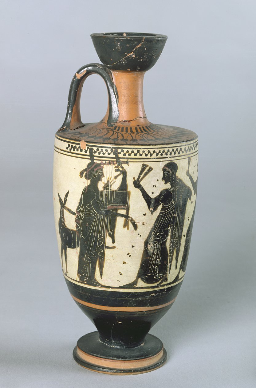 Apollo ve İlham Perilerini betimleyen tavan arası siyah figürlü lekythos (çömlek) by Greek