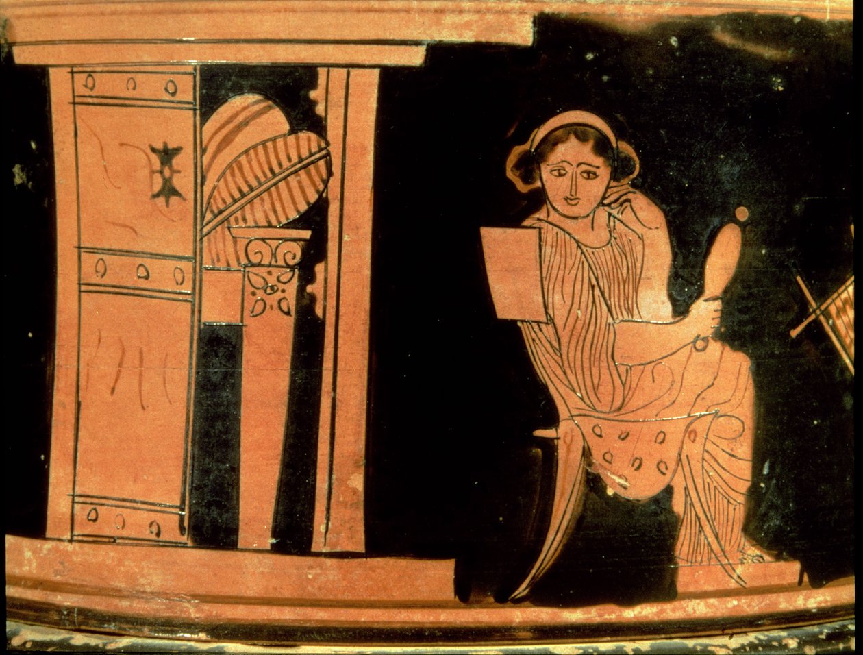 Bir gelini betimleyen tavan arası kırmızı figür pyxis, MÖ 5. yy (çömlek) by Greek