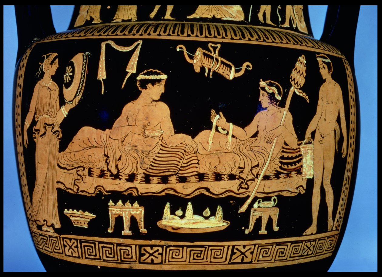 Bir sempozyum sahnesi ile süslenmiş tavan arası kırmızı figürlü amfora (seramik) by Greek