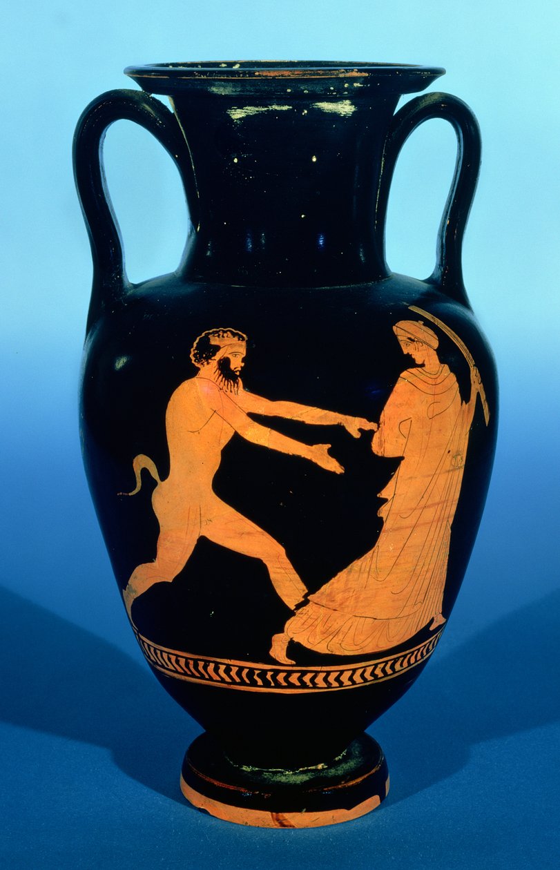 Bir satir tarafından kovalanan bir bayanla süslenmiş tavan arası kırmızı figürlü nolan amfora, MÖ 450-440 dolayları (seramik) by Greek