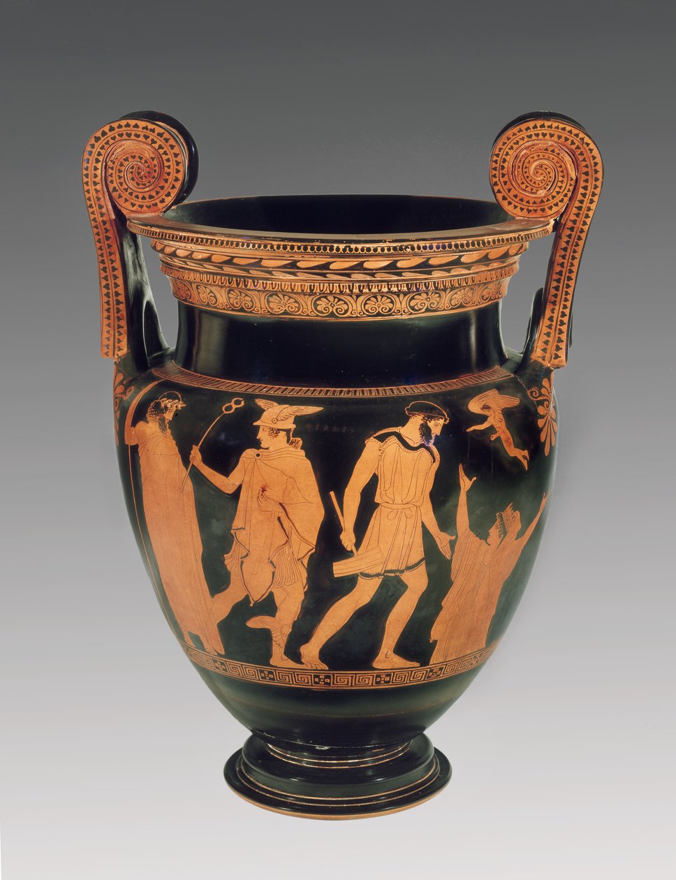 Tavan arası kırmızı figürlü volüt-krater, yerden yükselen Pandora ve yalanın mikropunu taşıyan Hermes sahnesi ile süslenmiş, Polygnotos Grubu (MÖ 450 civarı) MÖ 450 civarı (seramik) by Greek