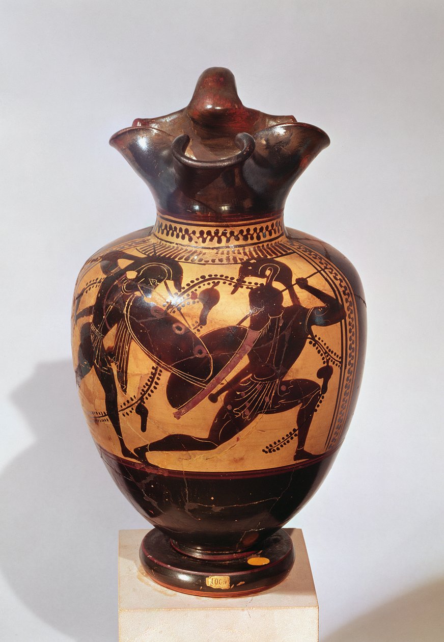 Savaşçılarla süslenmiş siyah figürlü oinochoe, MÖ 530-520 (seramik) by Greek