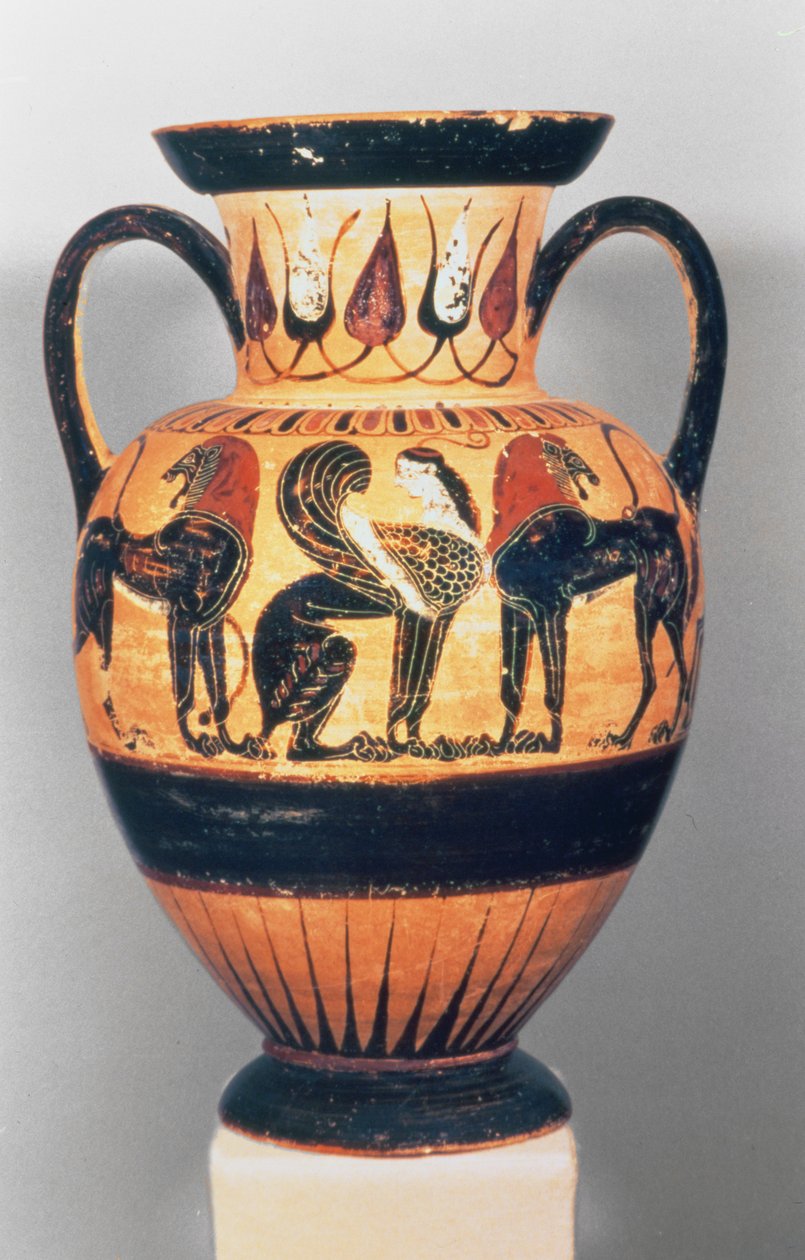 Chalcidian black figure amphora depicting a sphinx flanked by two lions, by the Polyphemus Painter, 540-30 BC (ceramic) by Greek