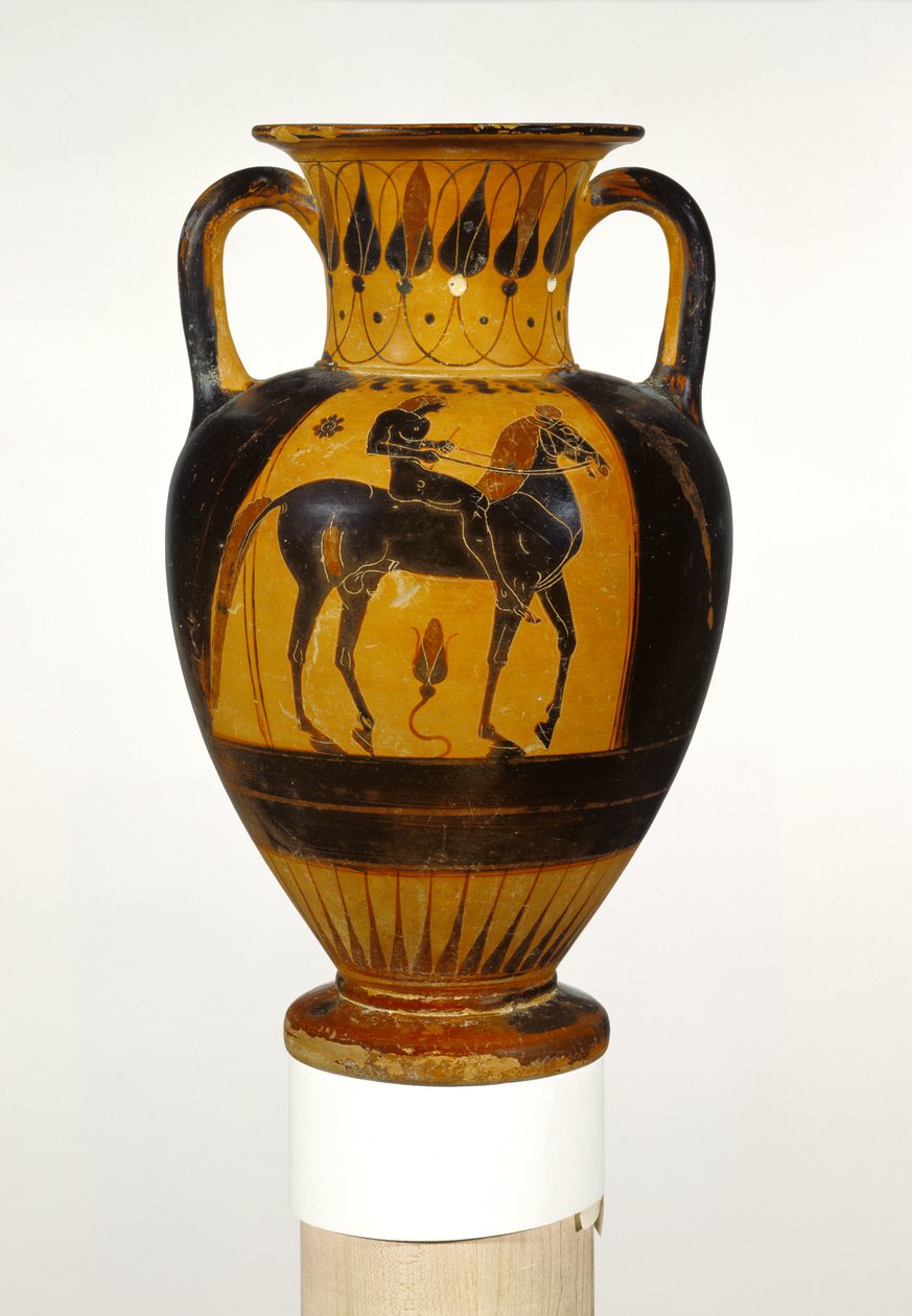 Çıplak binicili Kalsidiyen boyunlu amfora MÖ c.520-510 (pişmiş toprak) by Greek