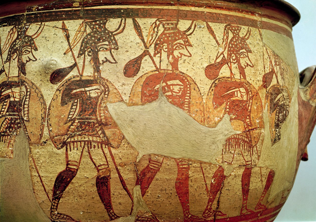 Detail of a red figure krater depicting warriors, Rhodes, 13th-12th century BC pottery by Greek