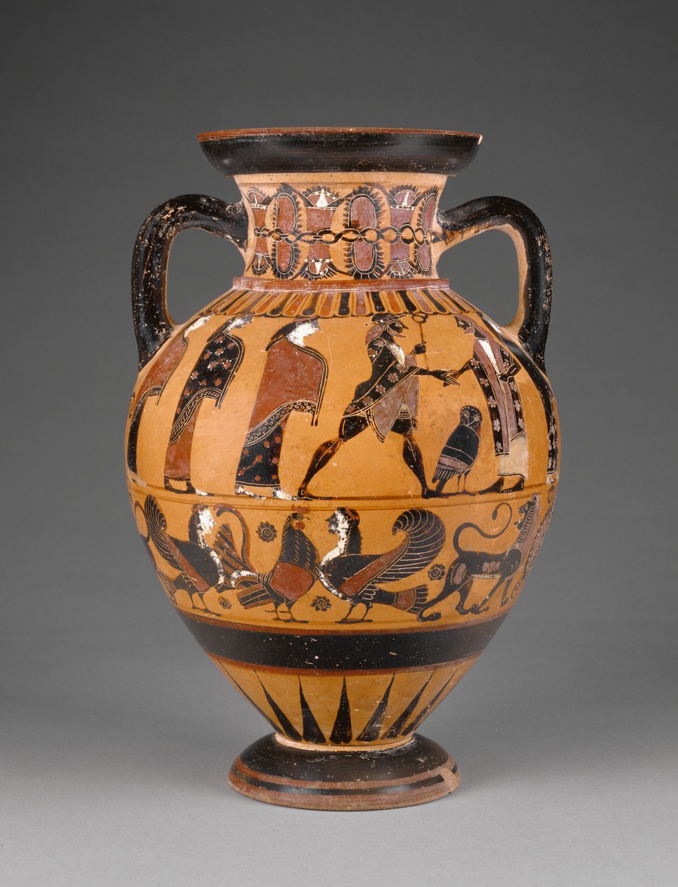 Paris kararıyla bezenmiş Eğriboz siyah figür boyunlu amfora, c.570-60 (pişmiş toprak) by Greek