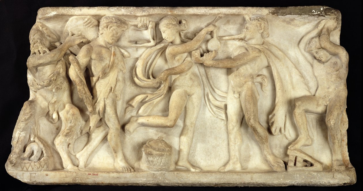 Satirler ve bir maenad tasvir eden bir lahit parçası by Greek