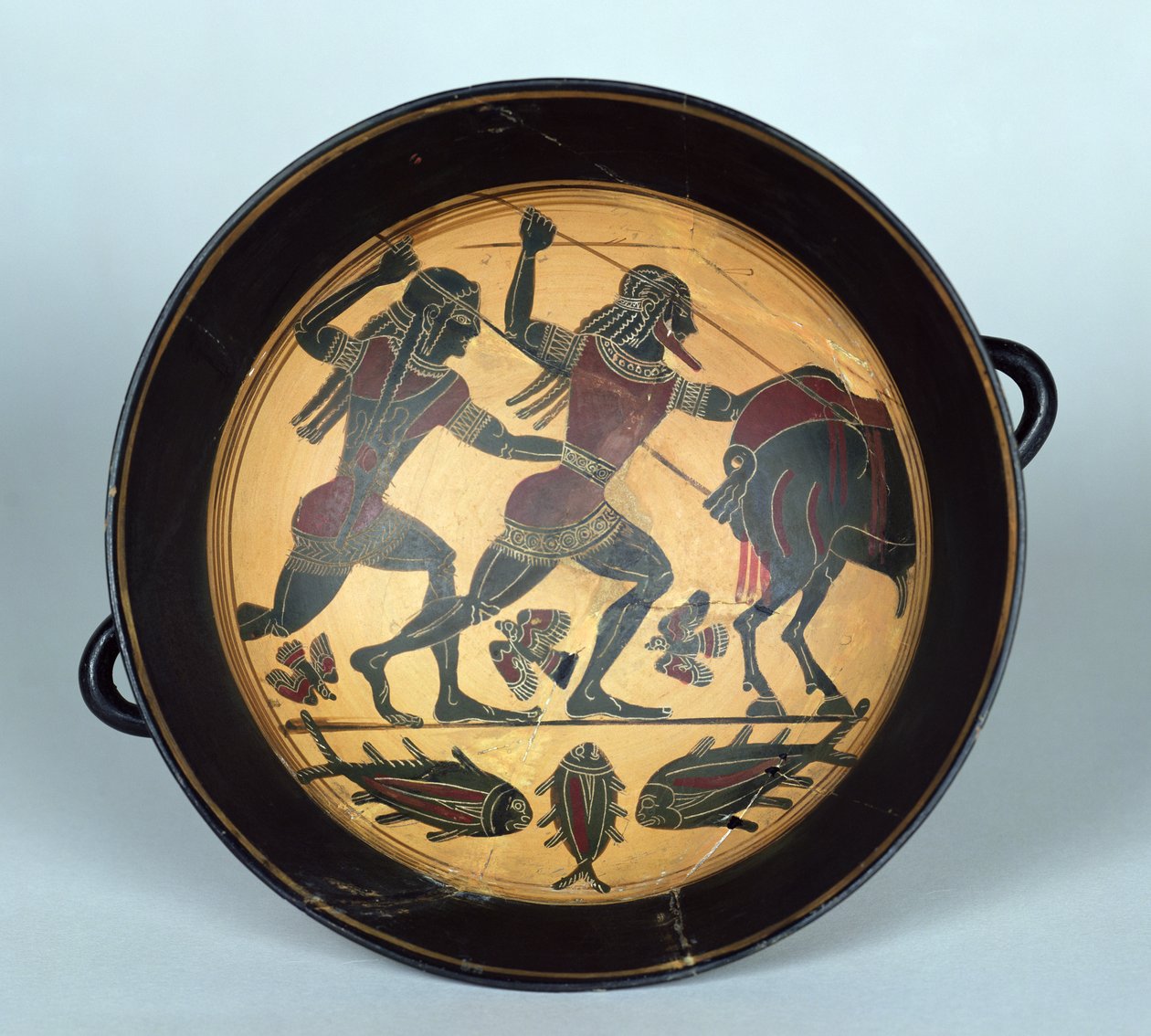 Calydon Domuzu avını betimleyen bir fincanın içi, Laconian, MÖ 560 dolayları (seramik) by Greek