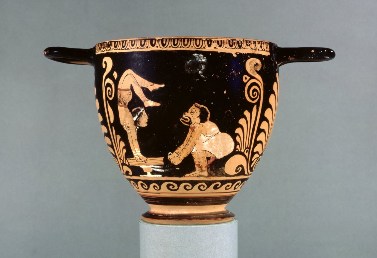 Bir phlyax aktörü ve bir dişi akrobatla süslenmiş Paestan kırmızı figürlü skyphos, Yunan, Asteas Grubu, MÖ 350-325 (seramik) by Greek