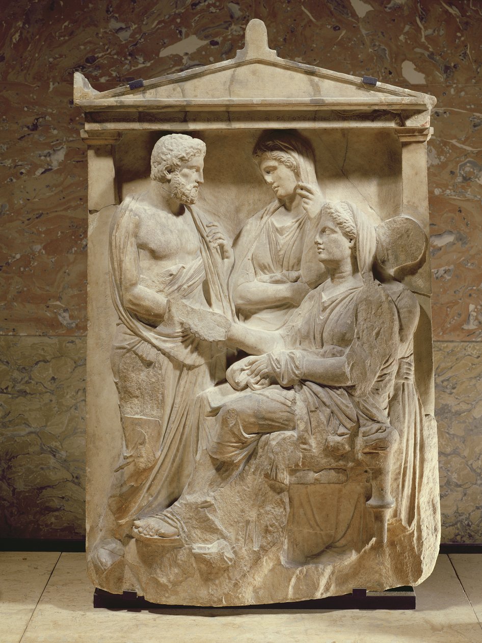 Aile birleşimini ve el sıkışmasını gösteren Phainippos ve Mnesarete mezar taşı, Attika dönemi, MÖ 350 dolayları (mermer) by Greek