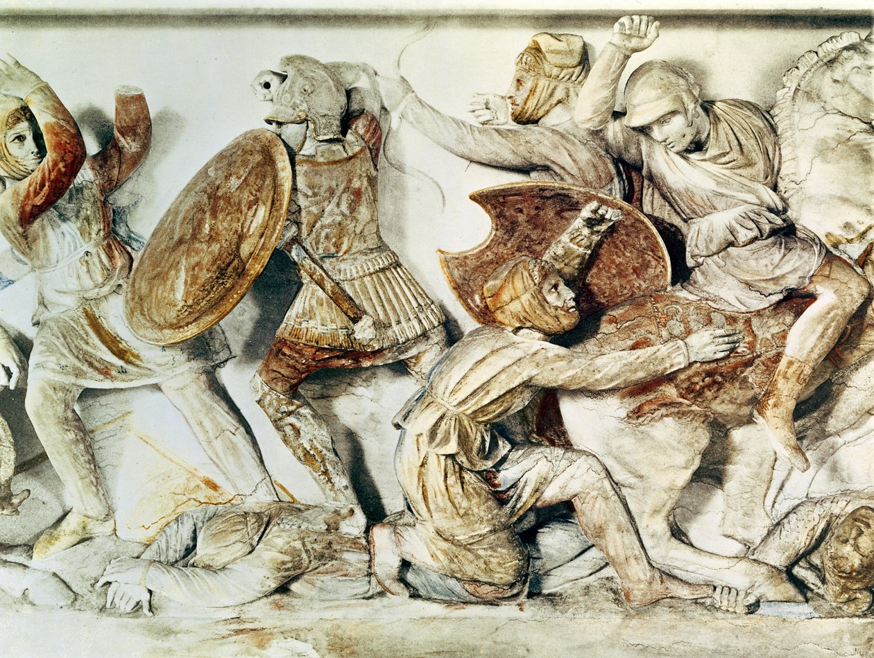 Bir savaş sahnesini betimleyen İskender Lahdi, MÖ 325-300 dolayları (duvar resmi) by Greek