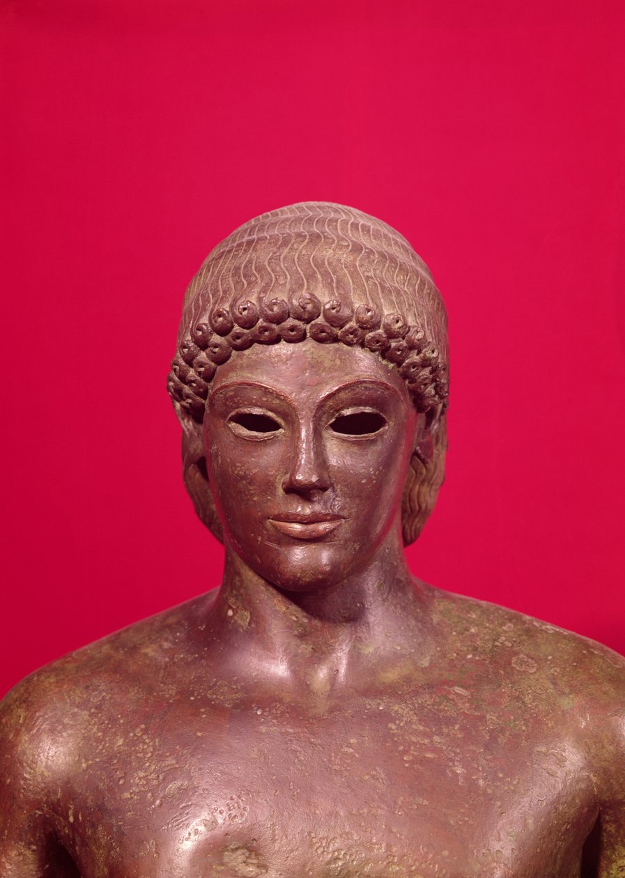 The Apollo of Piombino, detail of the head of the statue, found in Benevento, Greek, c.480 BC bronze see also 98014-16 & 177203 by Greek