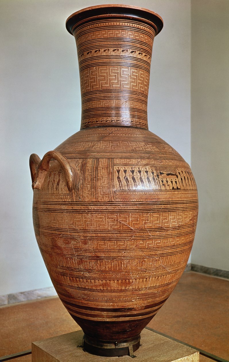 Dipylon Amphora, Kerameikos Nekropolü, Atina, MÖ 750 dolaylarında (pişmiş toprak) geometrik tarzda mezar vazosu (ayrıca bkz. 88063) by Greek
