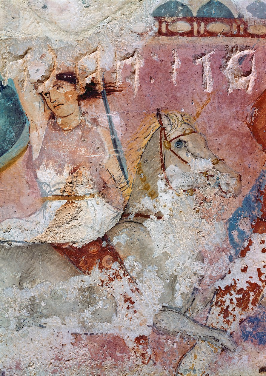Amazonların Lahdi, bir binicinin detayı, kaymaktaşı üzerindeki Tarquinia tempera