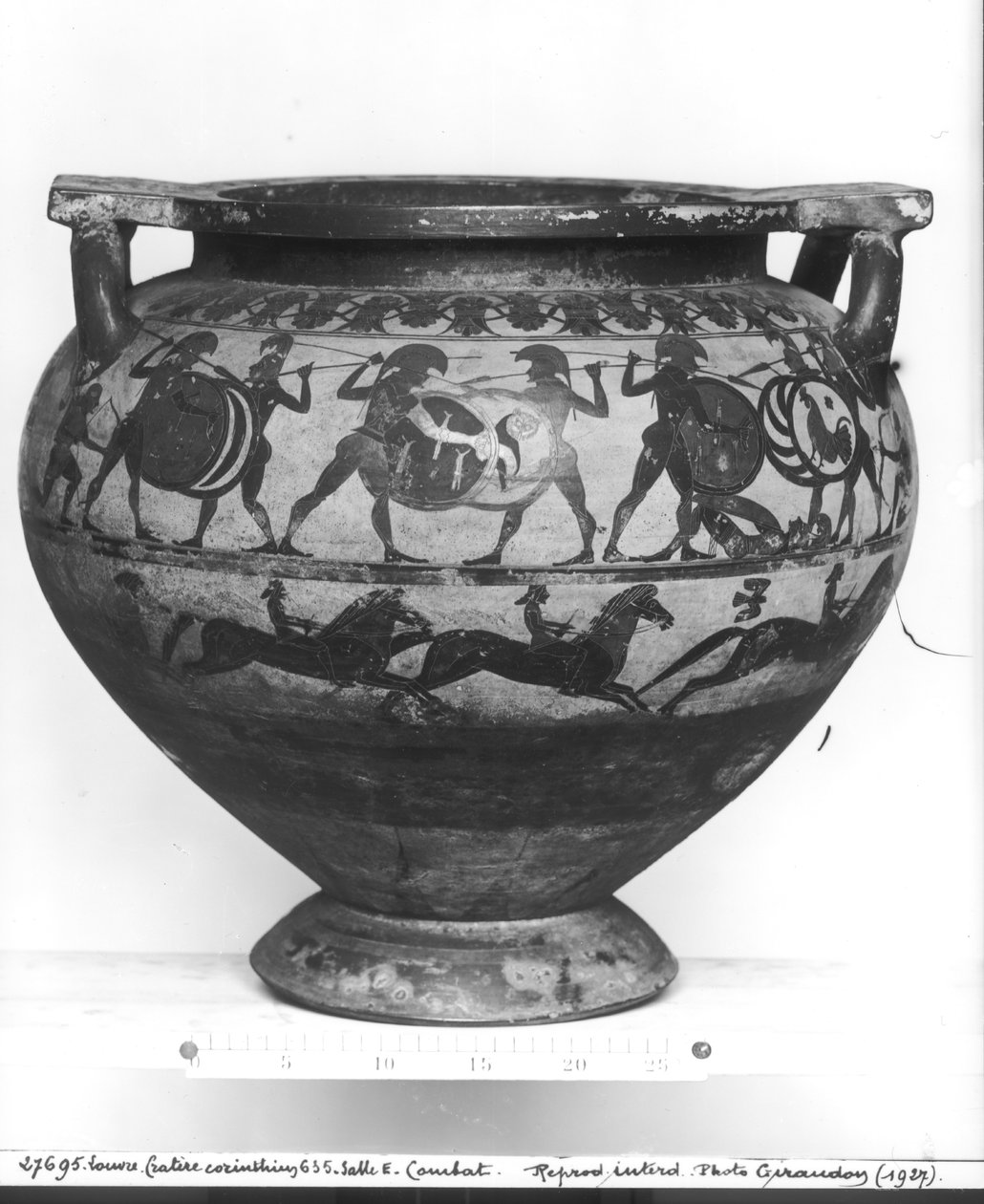 Savaşan savaşçılar, 'Eurytios Krateri'nin tersi, Korint stili, Cerveteri'den, MÖ 600 dolayları (çömlek) by Greek
