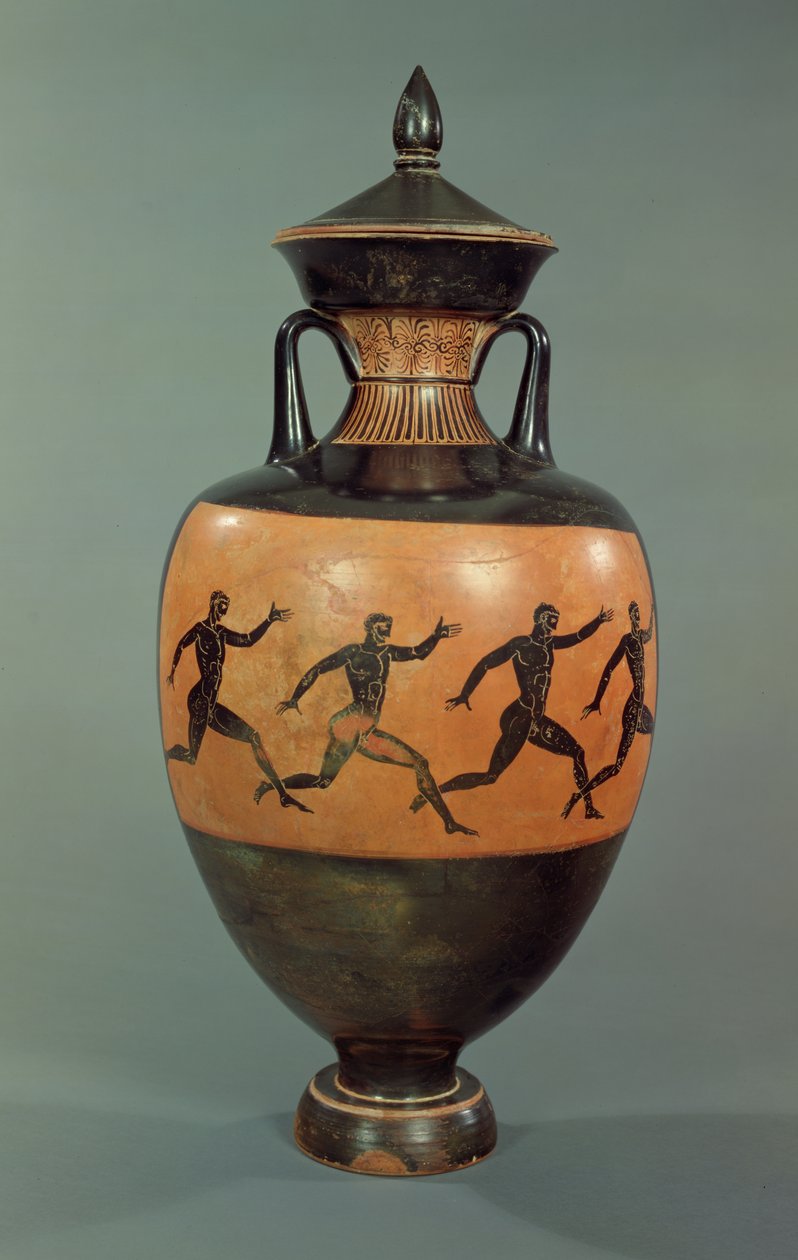 Attika siyah figürlü Panathenaik amfora, koşan erkeklerle süslenmiş, MÖ 375-370 (seramik) by Greek
