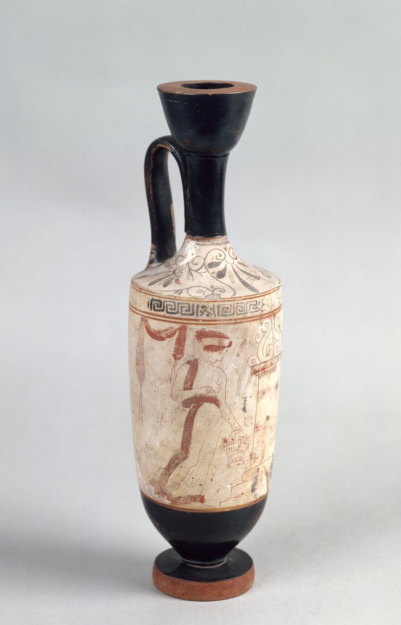 Cenaze sunusunu sunan genç bir kızı betimleyen tavan arası beyaz zemin lekythos, MÖ 420 dolayları (çömlek) by Greek